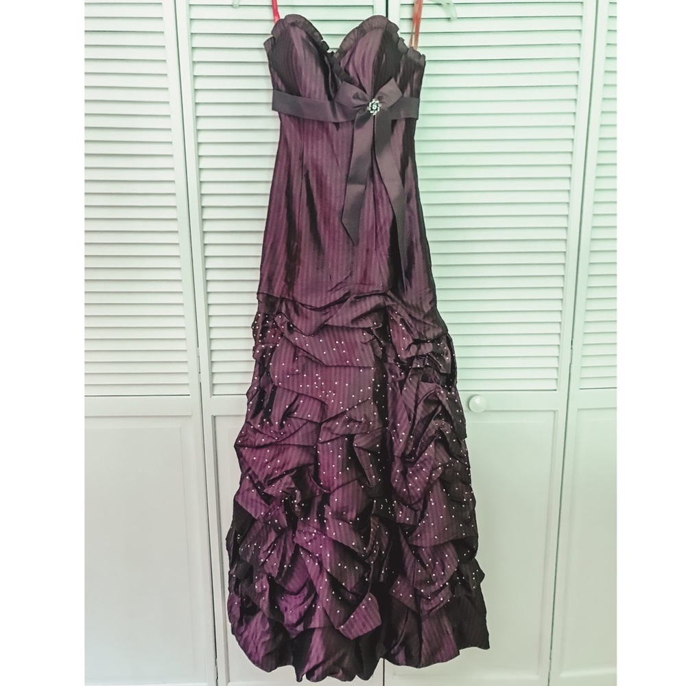 Flirt by Maggie Sottero Purple striped prom gown